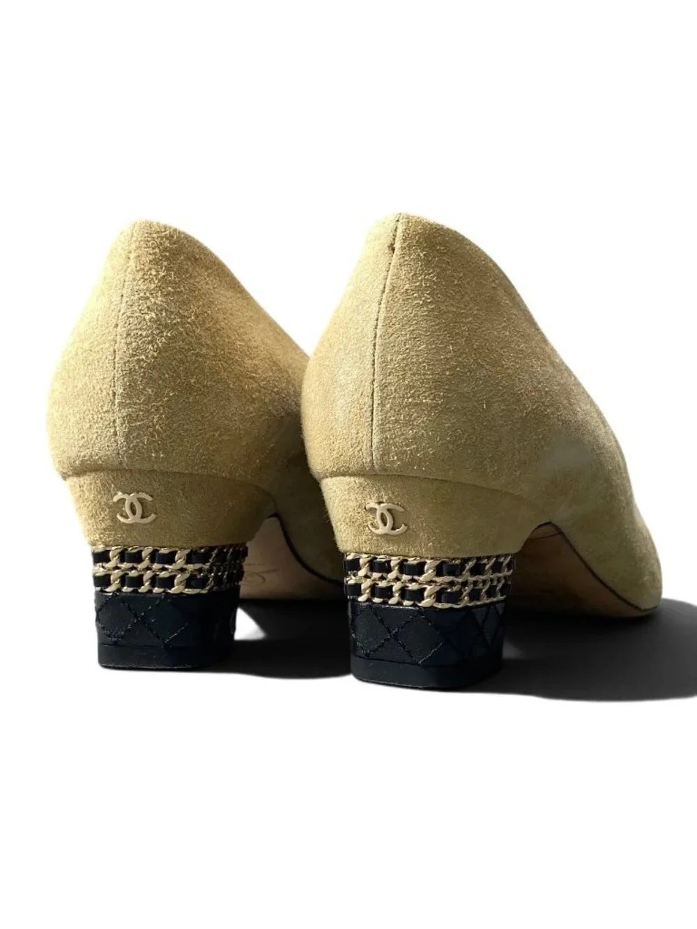 Chanel Quilted Chain Trim Pumps Beige Black Suede Heel
